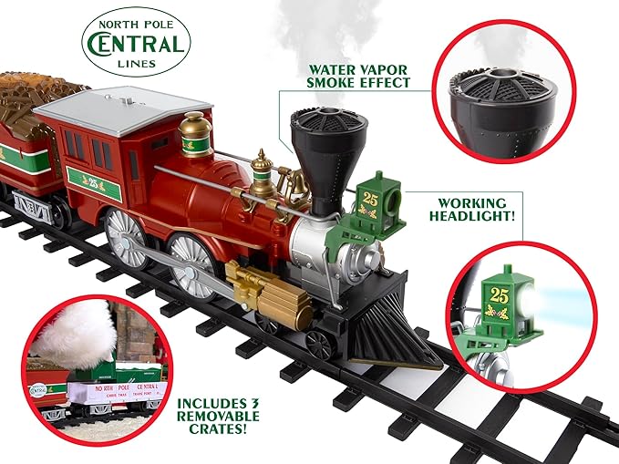 Lionel Battery-Operated North Pole Central Freight Toy Train Set with Bluetooth, Locomotive, Train Cars, & Track with Authentic Train Sounds, Lights, & Water Vapor Smoke Effects for Kids 4+