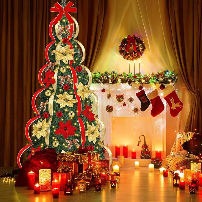 [ 8 Modes & Timer ] 6 Ft Prelit Full Pop Up Christmas Tree with 200 Warm White LED Lights, Ornaments, Red & Gold Ribbon, Bows, Plug in Collapsible Christmas Trees Outdoor Indoor Christmas Decor