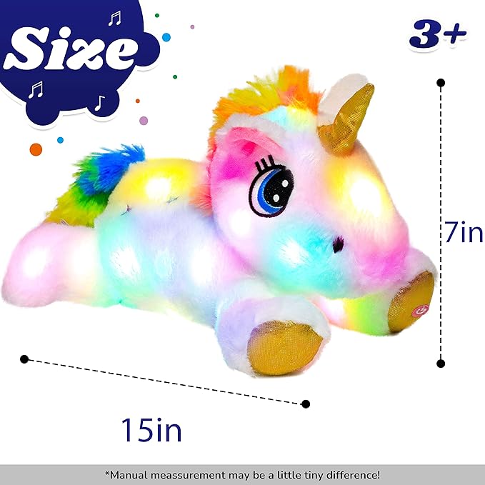 Cuteoy White Unicorn LED Stuffed Animal Light-up Plush Birthday Christmas Plushies Toy Gifts for Kids Toddler Girls, 15"