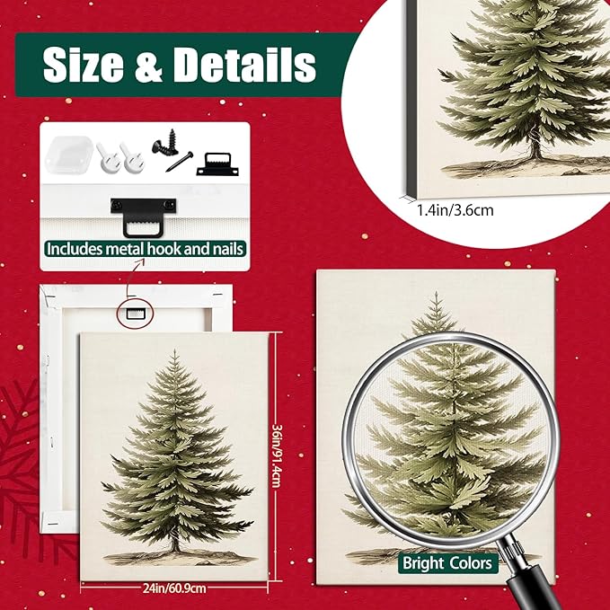 AbcCustomize Vintage Christmas Tree Canvas Wall Art, Botanical Pine Tree Print Poster, Rustic Holiday Canvas Wall Art for Christmas Decorations, Gifts and Winter Decor, Ready to Hang
