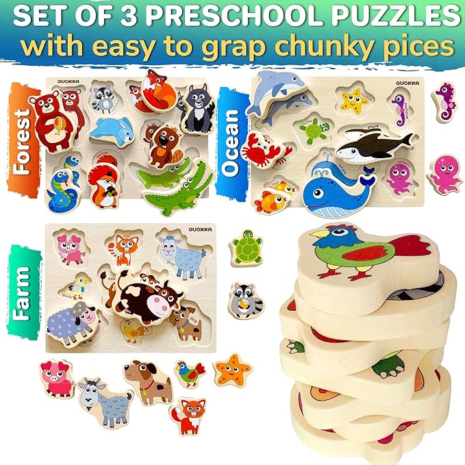 QUOKKA Wooden Puzzles for Toddlers 2-4 – Chunky Matching Puzzles Set –Toddler Montessori Animal Toys with Jumbo Animals Toddler Puzzles Ages 1-3 I FSC Certified Wood