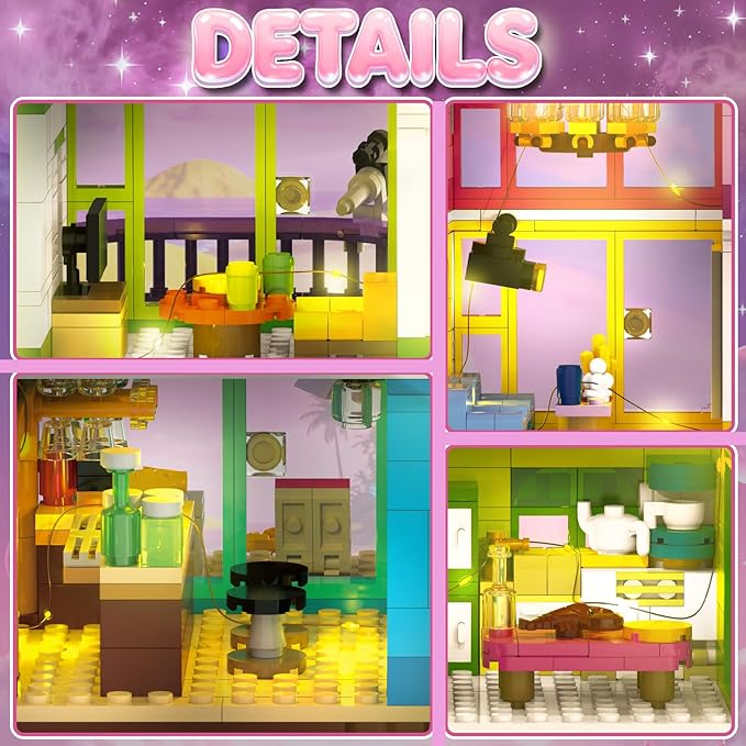 Girl Beach House Building Set with LED Light, NO Compatible with Lego 1346PCS Friends Seaside Villa Building Toy with Plane and Boat, Colorful 4 Floor Garden Home Gifts for Christmas, Valentine's Day