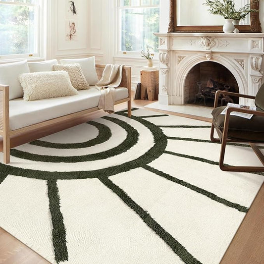 OJIA Washable 5'x8' Area Rugs, Green Tufted Sun Rug Living Room Rugs, Cotton Boho Bedroom Rug Farmhouse Nursery Rug Bohemian Floor Carpet for Playroom/Nursery/Classroom/Kids Room