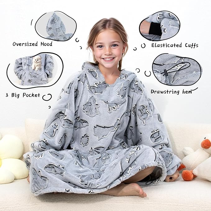 REXEO Halloween Blanket Hoodie Gifts for Kids - Wearable Blankets for Toddler 6-10 Year Old, Halloween Birthday Gifts Decorations, Flannel Hooded Blanket with Larger Pocket for Boys Girls