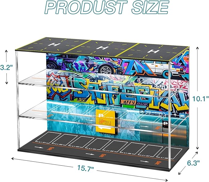 1/64 Scale Toy Car Garage Storage with Led Light, Model Car Display Case with Parking Lot Scene for Hot Wheels and Matchbox Cars, Die Cast Diorama for Alloy Car Model Aircraft with Airport