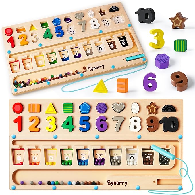 SYNARRY 3 in 1 Montessori Toys for 3+ Year Old, Educational Magnetic Color and Number Maze, Shape & Number Wooden Puzzle Counting Learning Toys for Toddlers 3-5 Years, Preschool Learning Activities