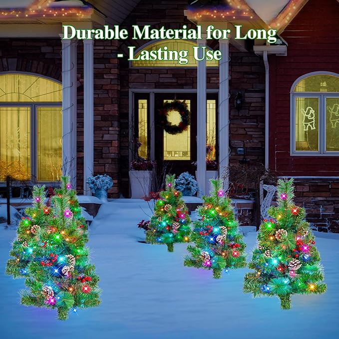 2 Pack of 28 INCH Pre-Lit Artificial Pathway Christmas Trees,Outdoor Christmas Tree for Porch,Yard,Driveway,Lighted Christmas Tree with Pine Cones,Red Berries and Red Ornaments Home Decoration