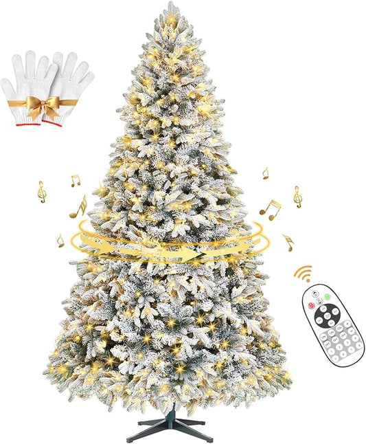 9ft Pre-Lit Snow Flocked Rotating Christmas Tree with 600 Multi-Color LED Lights, 2512 PE & PVC Tips - Realistic Artificial Tree for Holiday Decor