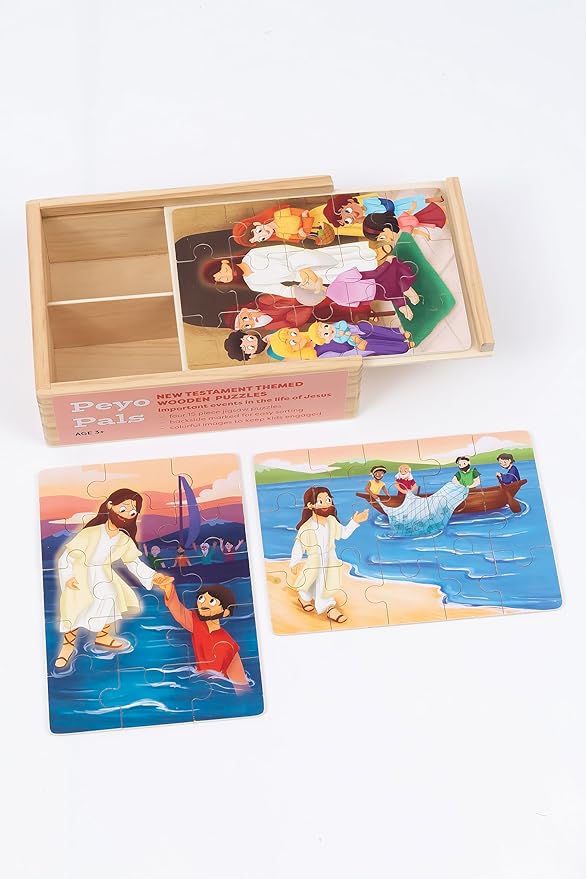 Bible Puzzles for Kids Ages 4-6 | 4-in-1 Wooden Jigsaw Puzzles in Box (15 pcs Each) | Christian Gifts for Kids | Preschool Learning Activities | Preschool Graduation Gift (New Testament B)