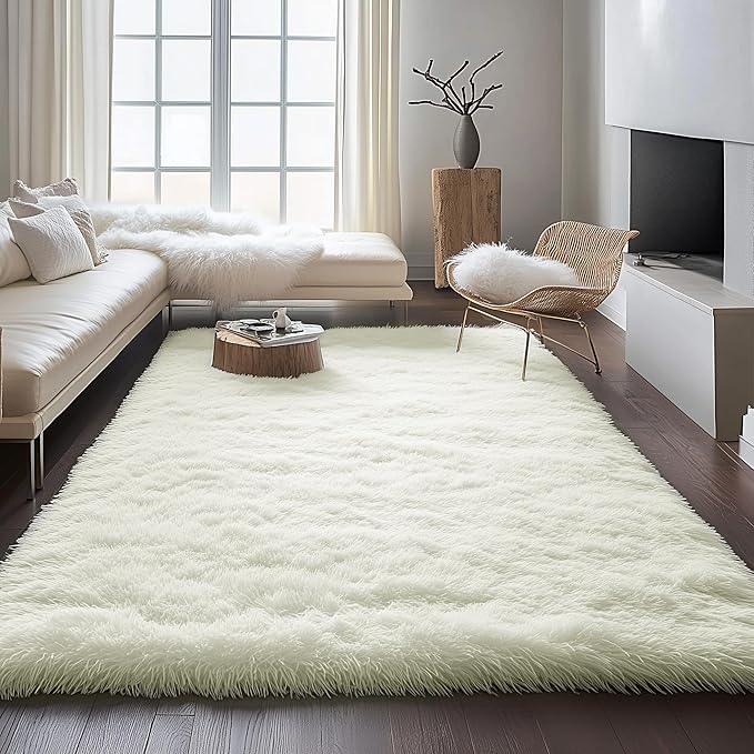 PAGISOFE White Fluffy Shag Machine Washable Area Rugs for Living Room 5x7 Ft,Cream White Soft Shaggy Rugs for Bedroom,Office Ivory Carpet Boys Girls Dorm Pastel Rug for Kids Room Home Decor Aesthetic