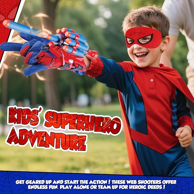 Superhero Wrist Shooter for Kids: 2 Sets Wrist Shoots Toys, Superhero Cosplay Toy Kids Capes and Mask Set Spider Toys for Boys 4-6, Role-Play Costume for Boys and Girls 3-8 Gifts