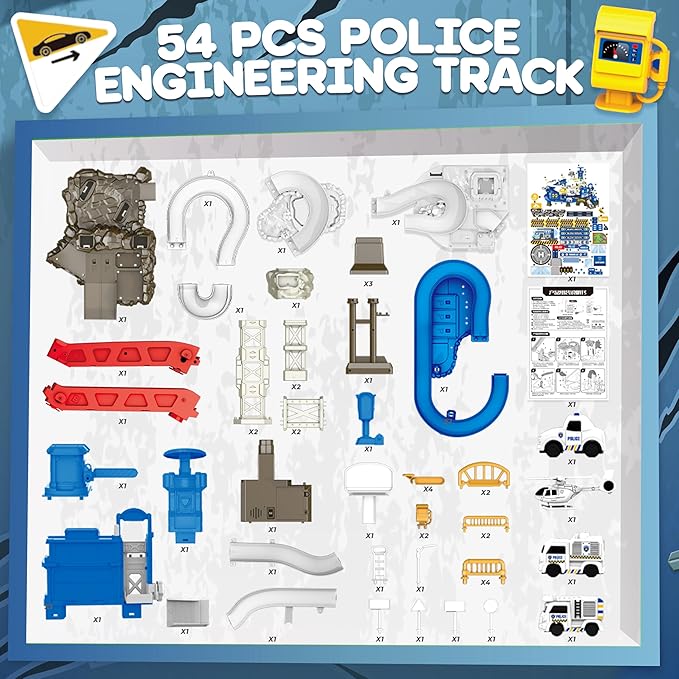 Race Tracks for Kids Ages 3-5, SMILESSKIDDO 73 PCS Police Car Tracks Toys Gifts for Boys Kids with Music and Engineering Scene Simulation, Construction Car Toddler Boy Toys Gift for Ages 3+
