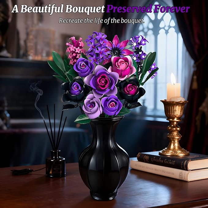 Purple Rose Bouquet Building Set: Compatible with Lego Flowers for Adults Women Gothic Artificial Botanical Collection Halloween Christmas Valentine's Gifts Home Decor (458 PCS)