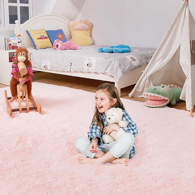 Ultra Soft Rug for Living Room, 8X10 Fluffy Shag Area Rug for Bedroom, Modern Shaggy Carpets Fuzzy Rug for Teens Dorm Nursery Home Decor Aesthetic, Upgrade Anti-Skid Durable, Pink