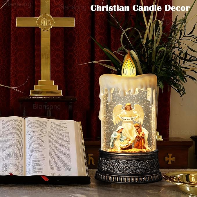 Nativity Snow Globes Candle Home Decor Accent Auto Snowfall Glitter Music Collection Angel Nativity Scene Peace on Earth with 6H Timer USB/Battery Powered 9.7 inch