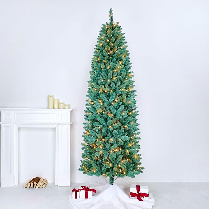 7.5FT Prelit Slim Artificial Christmas Tree with 843 Branch Tips, 300 Warm White LED Lights and Metal Stand, Realistic Skinny Pencil Blue Spruce Christmas Tree for Holiday Décor