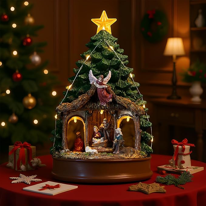 Musical Christmas Tree Rotating Nativity Scene with Star LED Light, Christmas Holy Family Angel Figurines for Xmas Decor Gift, Tabletop Decorative Christmas Trees Ornaments