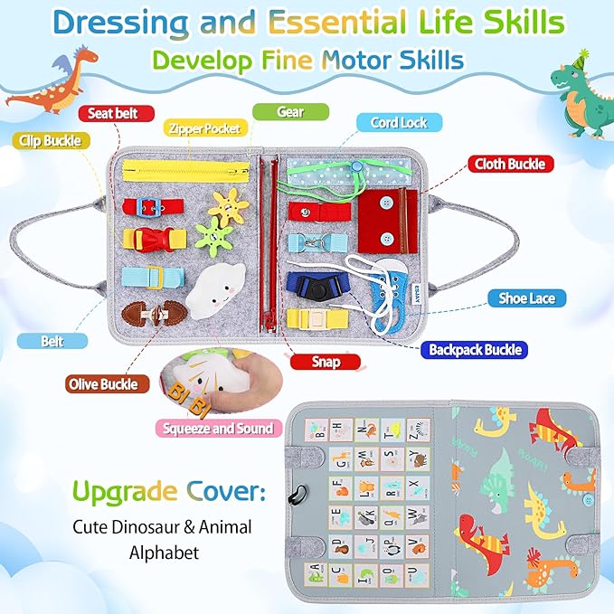 Esjay Toddler Busy Board Montessori Toys, Sensory Board Educational Activities for Learning Fine Motor Skills, Gifts for Girls Boys Toddlers, Travel Toys for Airplane Car,Grey Dinosaur