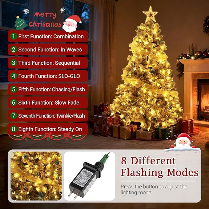 6ft Snow-Flocked Artificial Christmas Tree, LED pre-lit Holiday Xmas Tree for Home Office Party Decoration with 860 PE&PVC Hinged Branch Tips and 300 Warm White Lights, Foldable Stand