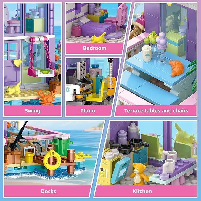 3 in 1 Pink Girls Beach House Building Set with Light, Seaside Villa Friends Building Toys, Compatible with Lego Friends Construction Educational Toy for Adults Kids Age 8-12 and Up (961 PCS)