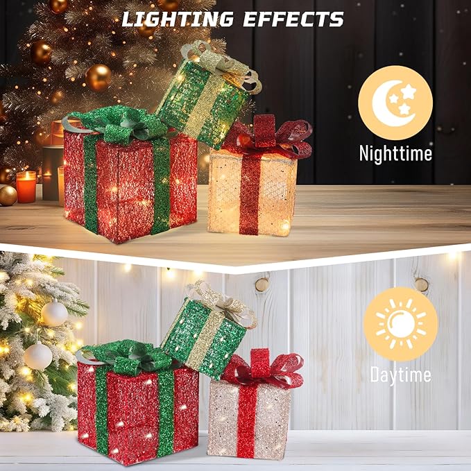 Christmas Light Gift Box Decorations, 3-Piece Set, Pre-Strung Wired Gifts with Bows, Illuminate Christmas Tree Skirt Decorations. Suitable for Indoor and Outdoor Use.