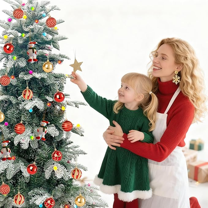 5ft Prelit Christmas Tree, Artificial Snow Flocked Christmas Tree with 140 Multicolor Lights, PE & PVC Mixed Layered Christmas Trees with Metal Stand, Xmas Tree for Holiday Decor