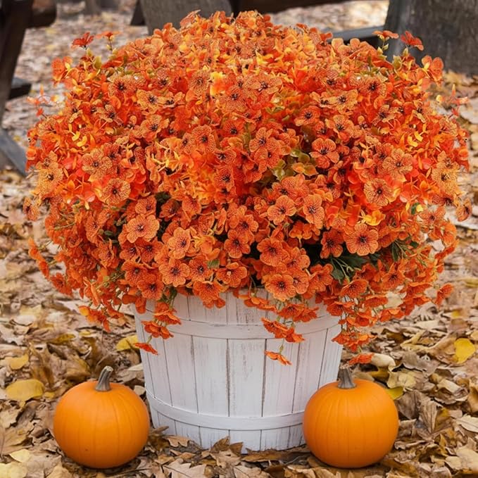 Zeyune 48 Bundles Fall Artificial Flowers Outdoor Decor, UV Resistant Fake Autumn Mums for Thanksgiving, Halloween Pumpkin Porch, Window Box, Patio and Garden Decoration (Orange and Red)
