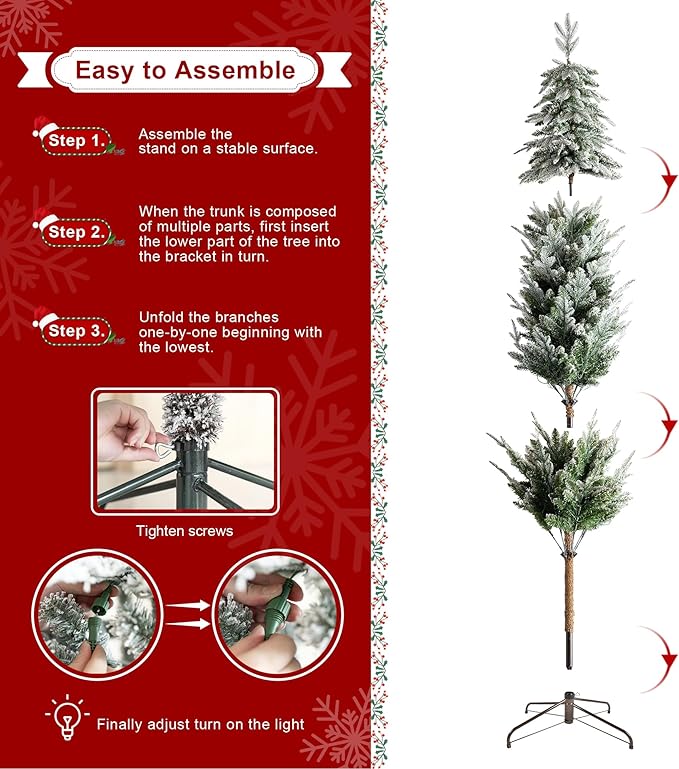 Glitzhome 7.5ft Prelit Christmas Tree, Artificial Christmas Tree with 350 Warm White Lights, Flocked Pencil Christmas Trees Chicago Frostwood Spruce with 1211 PE&PVC Branch Tips,Sturdy Metal Stand