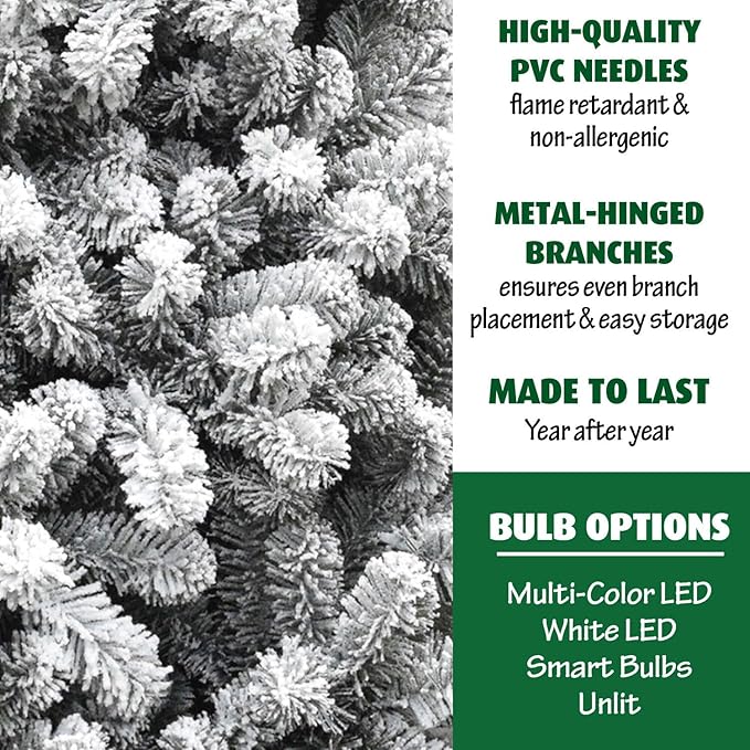 Fraser Hill Farm 7.5-Ft. Alaskan Pine Flocked Artificial Christmas Tree with Stand, Unlit Foldable Fake Tree with Realistic Snowy Foliage for Home Decoration