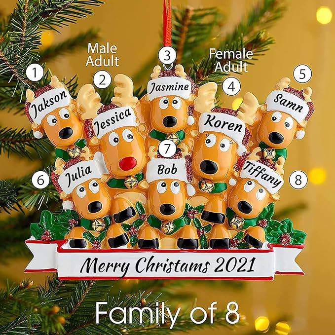Personalized Deer Family of 2,3,4,5,6,7,8 Christmas Tree Ornament 2025 Custom Name Cute Santa Reindeer Christmas Decoration Xmas Gift