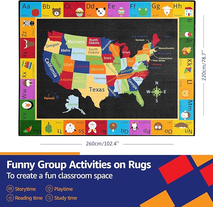 Map Classroom Rug 6'5"x8'5" United States Map Classroom Carpet for Preschool Non Slip Colorful Educational USA Map Black Playmat for Elementary, Nursery, Kids Room