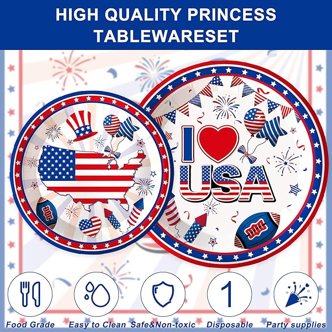 123 Pcs American Flag Patriotic Party Supplies Set, Patriotic Theme Kit Decorations, Patriotic Party Decorations Includes Plates, Napkins, Cups, Banner, Tablecloth -20 Guests