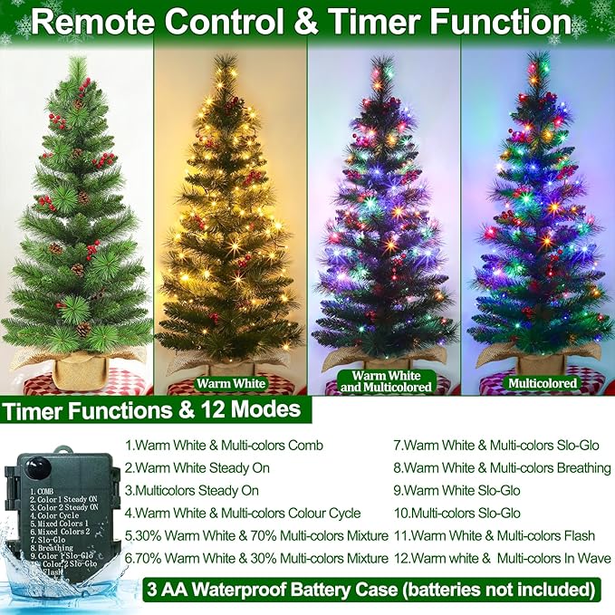 3 Ft Small Christmas Tree Remote Control Artificial Tabletop Christmas Tree 50 Warm White&Colored Lights Battery Operated 12 Modes Timer Pinecones Red Berries Burlap Base Xmas Christmas Decorations