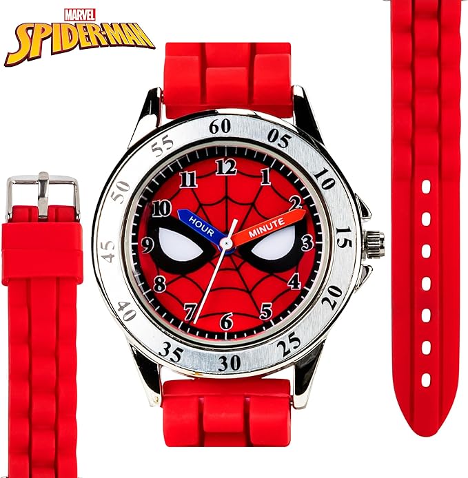 Accutime Spiderman Time Teacher Watch for Kids - Red Silicone Strap, Easy-to-Read Dial, Water Resistant, with Special Tin