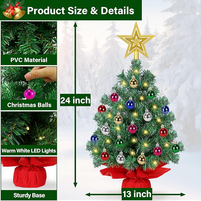 24 Inch Pre-lit Artificial Christmas Tree with 50 LED Lights, 8 Lighting Modes & Timer | Includes Star Topper and 30 Ornaments | Battery Powered Tabletop Decor for Home, Office