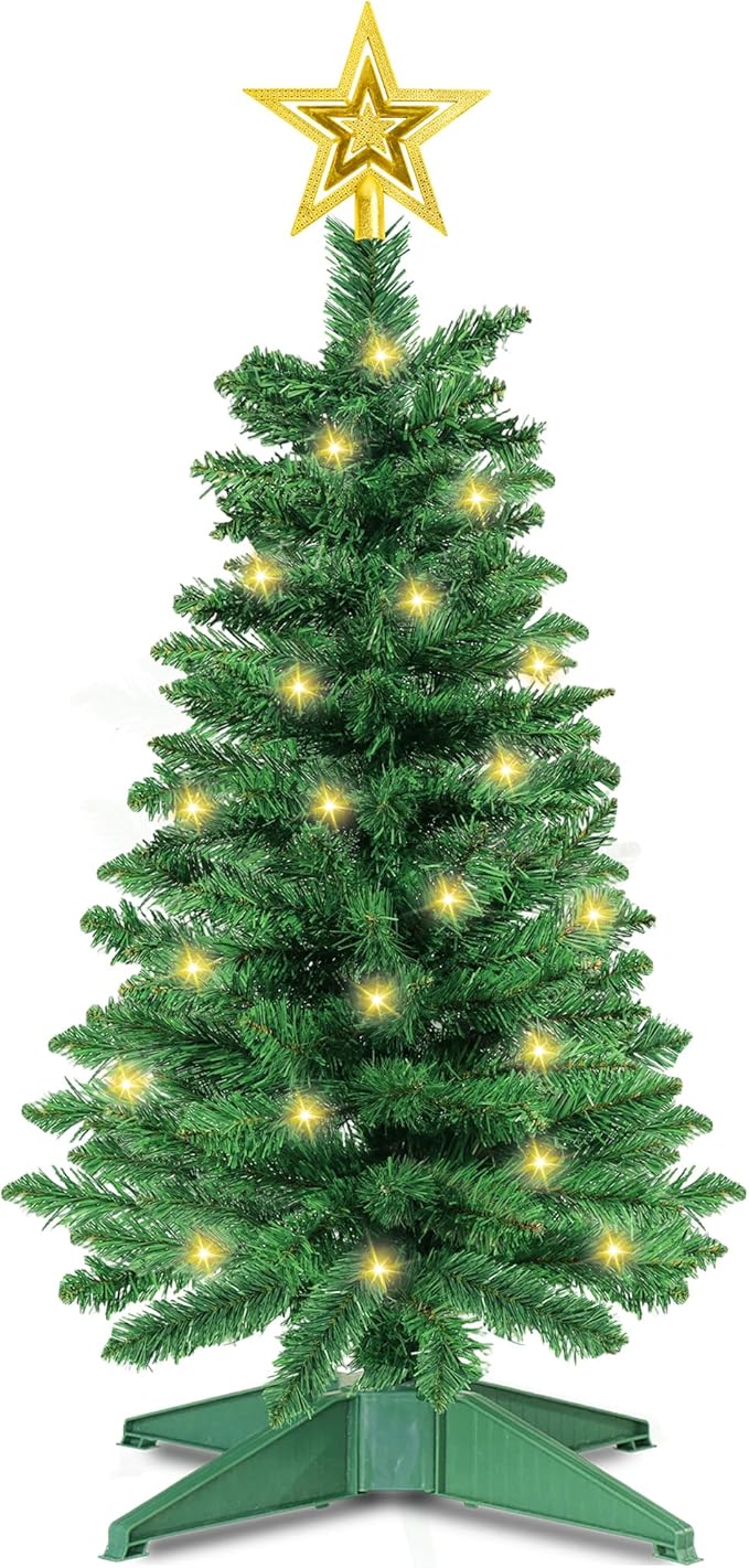 3 Ft Green Christmas Tree with Lights, Timer 8 Modes 50 Warm White Lights Battery Operated Small Artifical Full Christmas Tree for Tabletop Home Office Indoor Outdoor Xmas Holiday Party Decorations