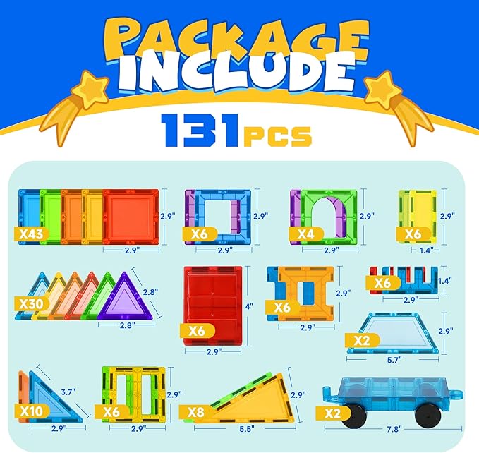 Magnetic Tiles, 131PCS Magnetic Blocks with 2 Cars, Learning Magnetic Building Blocks Sets, Educational Magnets Tiles Toys for Boys Girls Kids Ages 3 4 5 6 7 8 9+ Year Old
