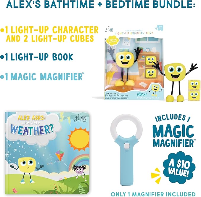 Glo Pals Alex Bath & Bedtime Bundle - Light Up Bath Toy with 1 Interactive Book, 2 Light Cubes & 1 Magic Magnifier - Toddler Bath Toys Set with Storybook Character - Educational Kids Bath Time Fun