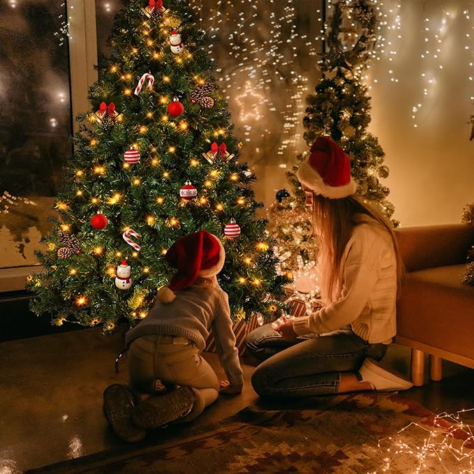 7.5ft Artificial Christmas Tree w/400 Warm Lights Lights &8 Different Light Holiday Xmas Tree, Premium Hinged Spruce Xmas Tree w/1405 Branch Tips and Foldable Metal Stand for Home, Office, Party