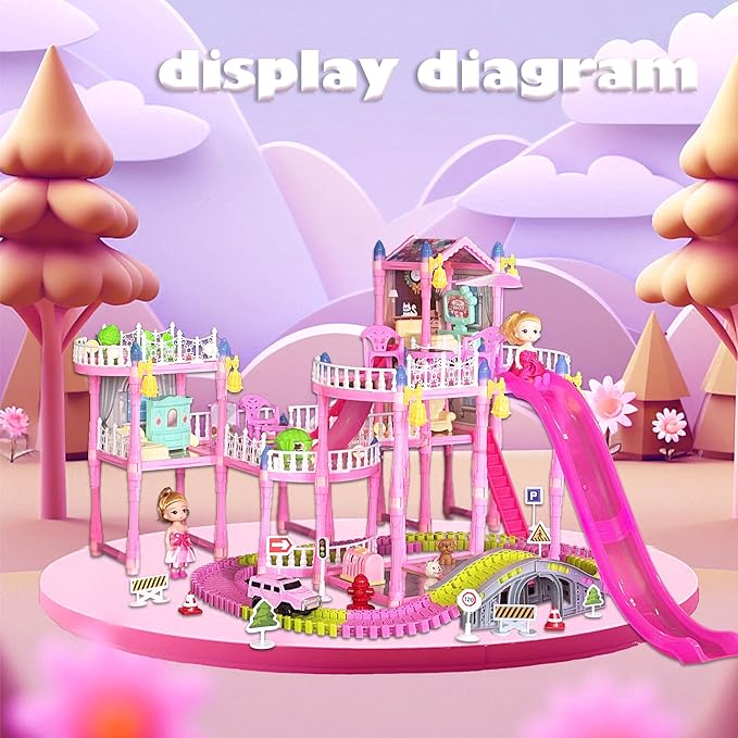 Dream Dollhouse, Racing Track, Dolls House playset with Toy Furniture and 3 Level Slide, Furniture, 1 Doll and 1 Buggy Toy and 10+ Tracks Pet and Puppy Play Area 7 Rooms