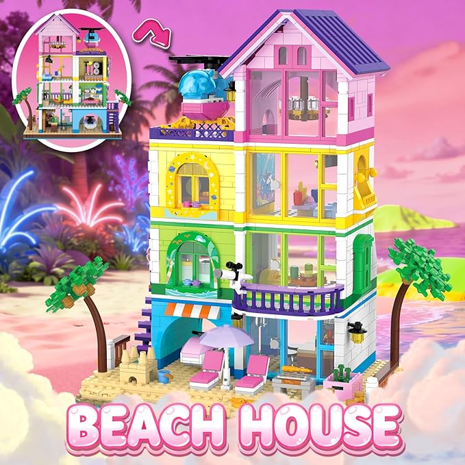 Girl Beach House Building Set with LED Light, NO Compatible with Lego 1346PCS Friends Seaside Villa Building Toy with Plane and Boat, Colorful 4 Floor Garden Home Gifts for Christmas, Valentine's Day