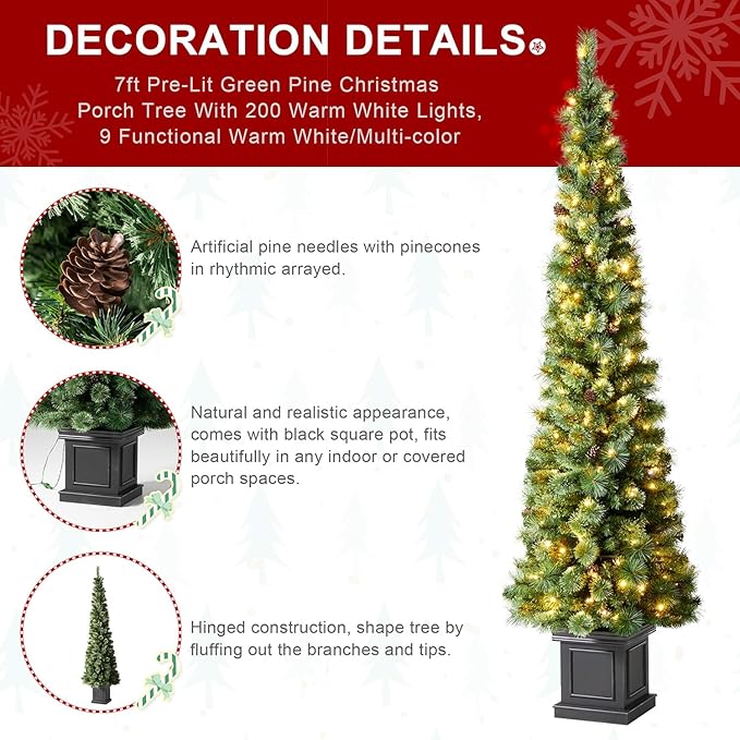 Glitzhome 7 FT Pre-Lit Artificial Christmas Tree, Lighted Entrance Tree Green Pine Christmas Porch Tree with 200 Warm White Lights,9 Functional Warm White/Multi-Color, Remote Controller