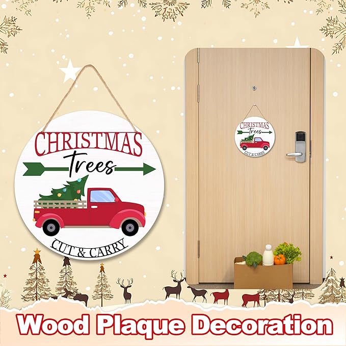 Rustic Christmas Tree Hanging Decorations, 10 Inches Farmhouse Decorative Wooden Plaque with Jute Rope for Door Wall Shelf Decor, Winter New Year Gifts-MBA14