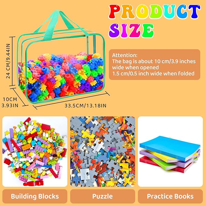8 Packs 8 Colors Large Toy Storage Bags, Reusable Clear PVC Board Game Storage, Toy Organizers and Storage Bags with Zipper for Building Blocks, Puzzle and Handmade Accessories, Clear Toiletry Bag
