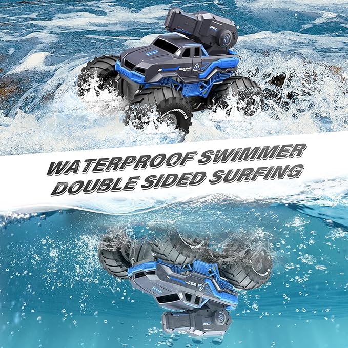 Amphibious Remote Control Car Boat Water Squirt RC Tank 2.4GHz Gesture Sensor 4WD Monster Truck Waterproof RC Car for 6 7 8 9-12 Kids Girls Boys Gift Beach Pool Water Toy With 2 Replaceable Batteries