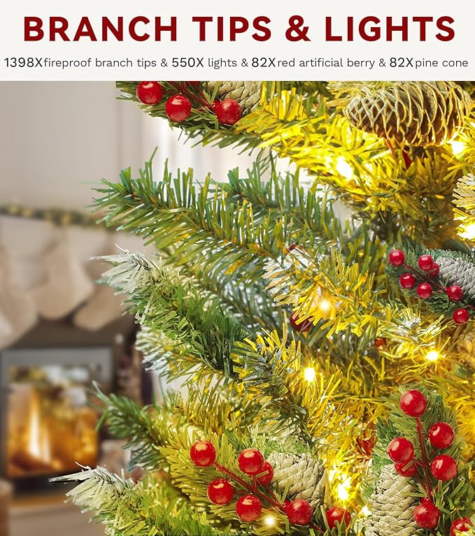 DWVO Prelit Christmas Tree 7.5ft with 82 Pine Cones & 82 Red Hollies, Atificial Tree with 550 LED Lights, Full Green Xmaxs Trees with 1398 Metal Hinged Branch Tips & Stand for Home Party Decoration