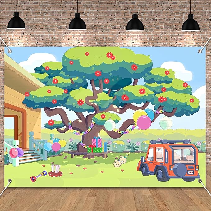 8x6FT Cartoon Dog Garden Tree Backdrop, Blue Sky Ballon Birthday Polyester Photography Background for Parties, Happy Birthday Photo Booth Prop Decorations