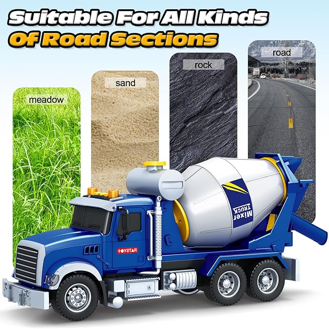 Kids Toys for 3 4 5 6 7 8 Years Old Boys, 15" Large Cement Mixer Truck Toy with Lights, Sounds, Blue Toddler Friction Powered Truck Vehicle Toy for Boys Girls Christmas Birthday Gifts