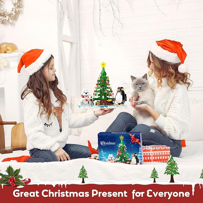Christmas Tree - Building Toys for Kids, Boys & Girls, Ages 6+, Christmas Tree Buildings Compatible with Lego,with Polar Bear &Penguin Set, Cute Decorative Ornaments for Christmas (802 PCS)