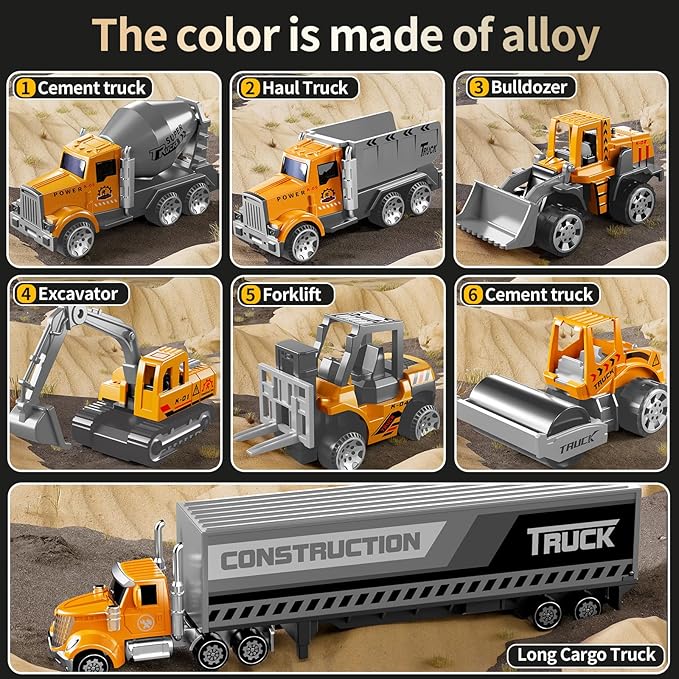 Construction Toys for 3 4 5 6 Years Old Boys Girls Kids, Die Cast Metal Truck Toys W/Play Mat, Sand Toys Trucks Excavator, Dump Truck, Road Roller, Cement Mixer, Car Toys Set for Kids Toddler